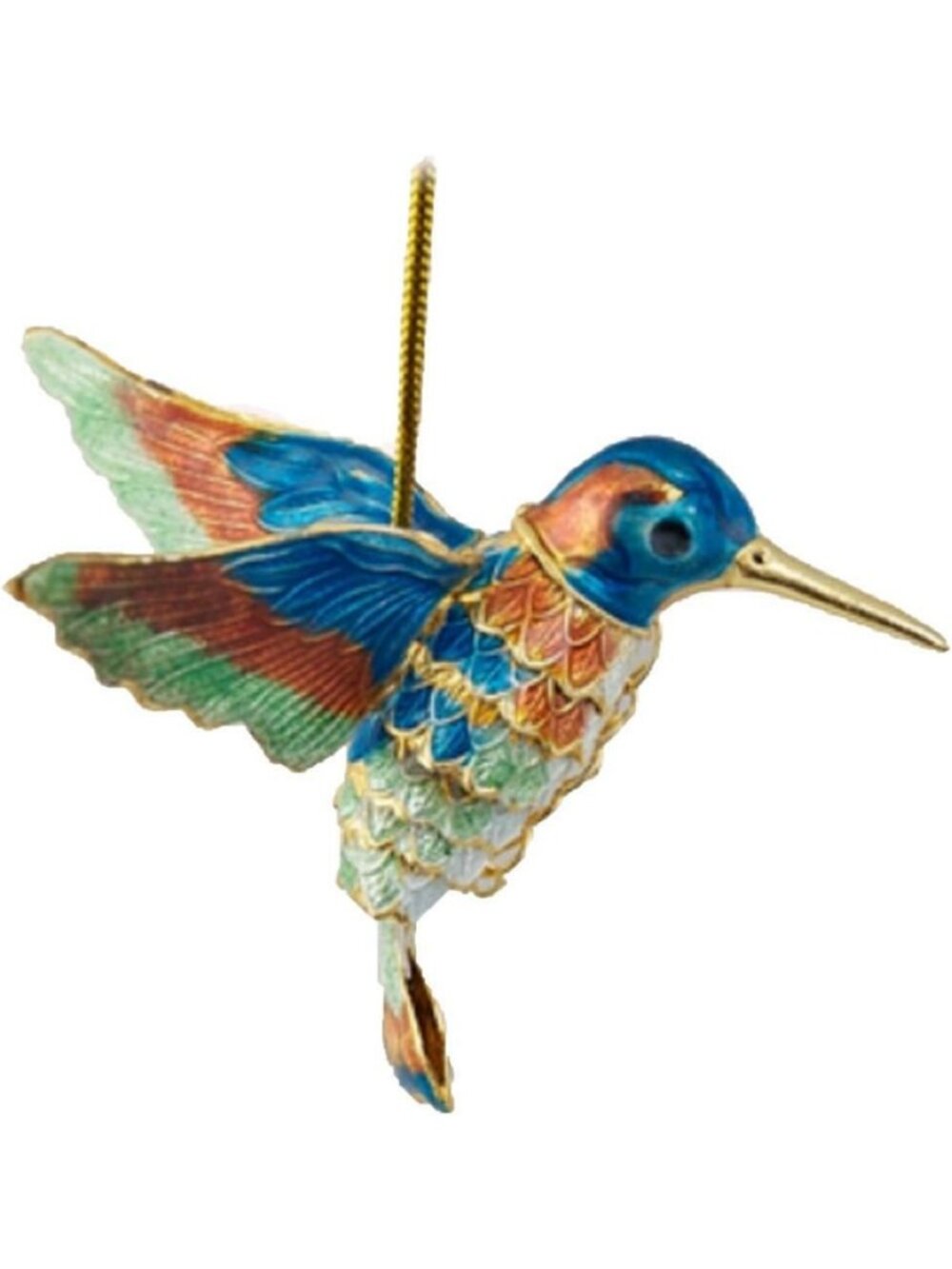 Articulated Hummingbird Ornament - Cloisonne Enamel on Copper, Blue Tail Decor